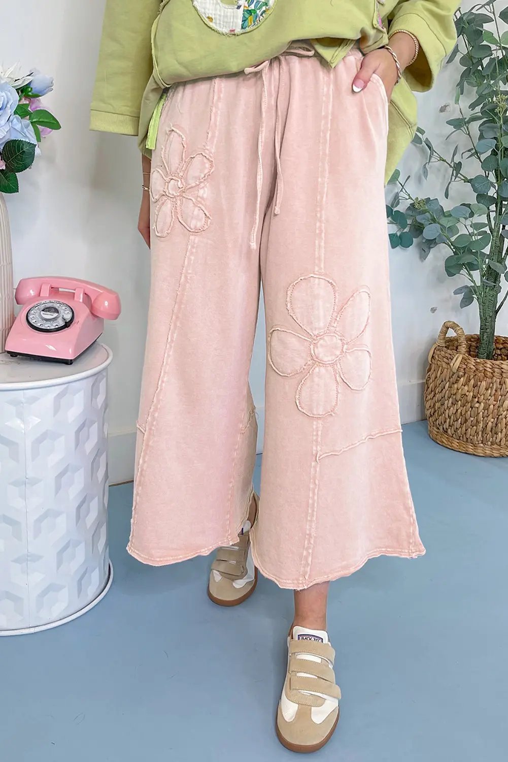 Pink Flower Patch Mineral Washed Terry Knit Cropped Wide Leg Pants Love Salve